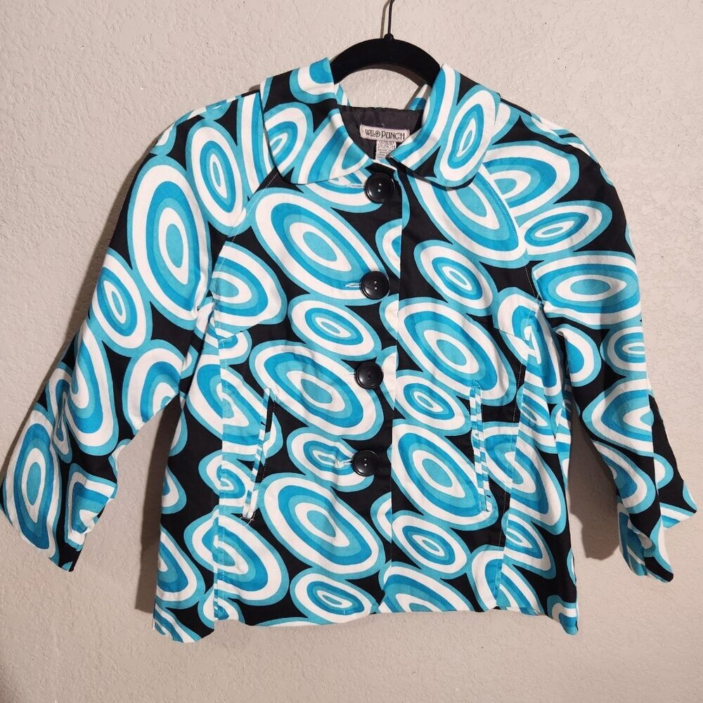 Wild Punch Jacket Womens Small Blue White Black Retro Mod Print Coat Lined